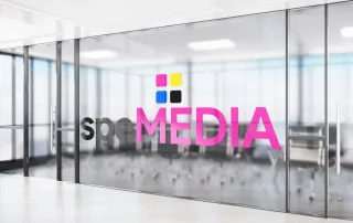 speMEDIA Transparent Office Wall Logo Mockup